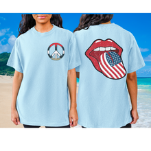 Load image into Gallery viewer, 4th of July Rock and Roll Comfort Colors® T-Shirt, Front and Back Design T-Shirt, 1970&#39;s Peace Sign
