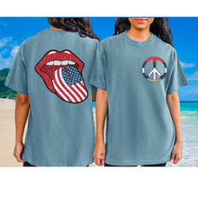 Load image into Gallery viewer, 4th of July Rock and Roll Comfort Colors® T-Shirt, Front and Back Design T-Shirt, 1970&#39;s Peace Sign
