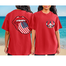 Load image into Gallery viewer, 4th of July Rock and Roll Comfort Colors® T-Shirt, Front and Back Design T-Shirt, 1970&#39;s Peace Sign
