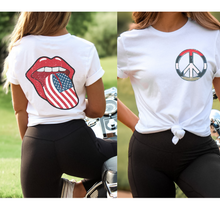 Load image into Gallery viewer, 4th of July Rock and Roll Comfort Colors® T-Shirt, Front and Back Design T-Shirt, 1970&#39;s Peace Sign
