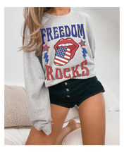 Load image into Gallery viewer, Freedom Rocks Women&#39;s Crewneck Sweatshirt, Oversize 4th of July Design Pullover, Ash, Sand, Grey or White July Fourth
