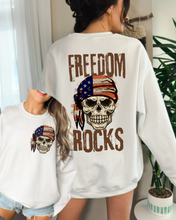 Load image into Gallery viewer, Freedom Rocks Crewneck Sweatshirt or T-Shirt Distressed Design, 4th Of July, Trendy Skeleton Shirt
