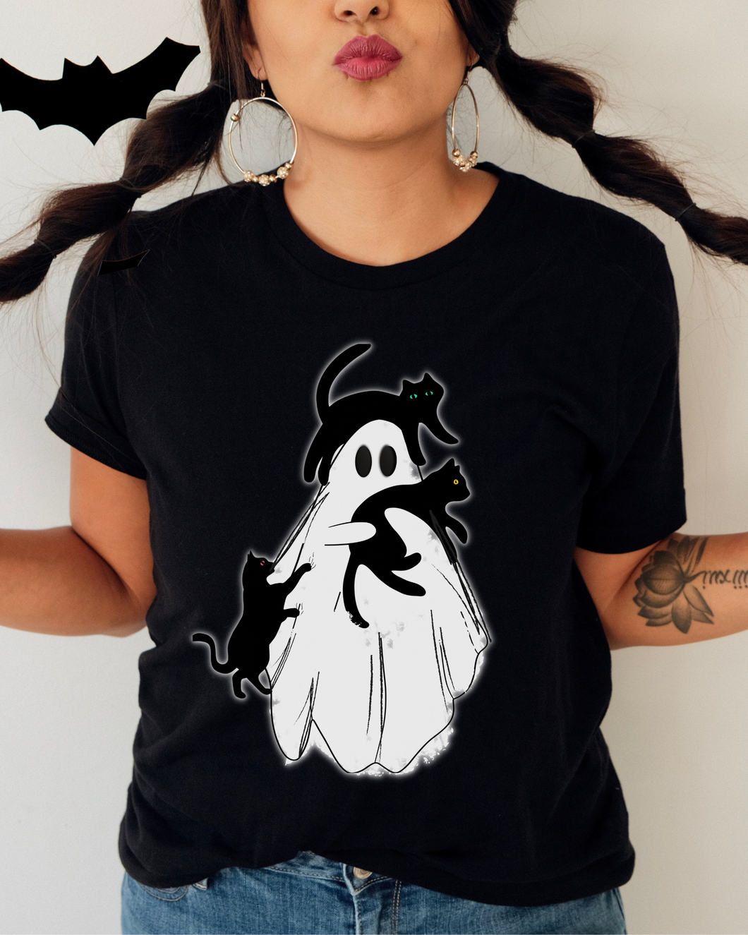 Women's Halloween Bella Canvas® Unisex T-shirt Cat Lover Tee, Hand Drawn Design Ghost T-Shirt