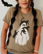 Load image into Gallery viewer, Women&#39;s Halloween Bella Canvas® Unisex T-shirt Cat Lover Tee, Hand Drawn Design Ghost T-Shirt
