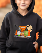 Load image into Gallery viewer, Kids or Youth Halloween Hooded Sweatshirt, Trick or Treat Gnomes Hoodie, Cozy, Warm Sweatshirt, Watercolor Gnomes Hoodie
