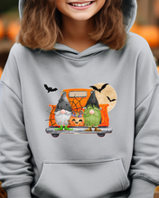 Load image into Gallery viewer, Kids or Youth Halloween Hooded Sweatshirt, Trick or Treat Gnomes Hoodie, Cozy, Warm Sweatshirt, Watercolor Gnomes Hoodie
