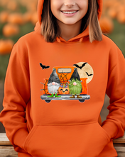 Load image into Gallery viewer, Kids or Youth Halloween Hooded Sweatshirt, Trick or Treat Gnomes Hoodie, Cozy, Warm Sweatshirt, Watercolor Gnomes Hoodie
