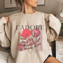 Load image into Gallery viewer, Women's Crewneck Sweatshirt, J'Adore Pullover, Comfy &amp; Cozy, Valentine's Day Gildan Sweatshirt, Ash, White or Sand Crewneck Sweatshirt
