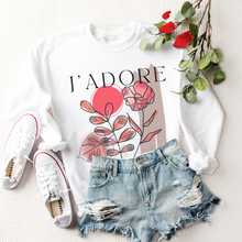 Load image into Gallery viewer, Women's Crewneck Sweatshirt, J'Adore Pullover, Comfy &amp; Cozy, Valentine's Day Gildan Sweatshirt, Ash, White or Sand Crewneck Sweatshirt
