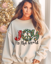 Load image into Gallery viewer, Joy To the World Women&#39;s Crewneck Sweatshirt Peace Sign Wreath with Doodle Letters
