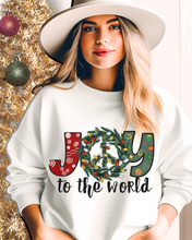 Load image into Gallery viewer, Joy To the World Women&#39;s Crewneck Sweatshirt Peace Sign Wreath with Doodle Letters
