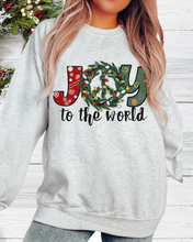 Load image into Gallery viewer, Joy To the World Women&#39;s Crewneck Sweatshirt Peace Sign Wreath with Doodle Letters
