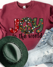 Load image into Gallery viewer, Joy To the World Women&#39;s Crewneck Sweatshirt Peace Sign Wreath with Doodle Letters
