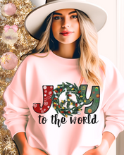 Load image into Gallery viewer, Joy To the World Women&#39;s Crewneck Sweatshirt Peace Sign Wreath with Doodle Letters
