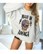 Load image into Gallery viewer, Made In America Women&#39;s Sweatshirt, Oversize 4th of July Patriotic Skeleton Pullover, Ash, Sand, Grey or White July Fourth
