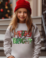 Load image into Gallery viewer, Merry and Bright Youth Crewneck Sweatshirt, Cute Kids Christmas Crewneck Pullover
