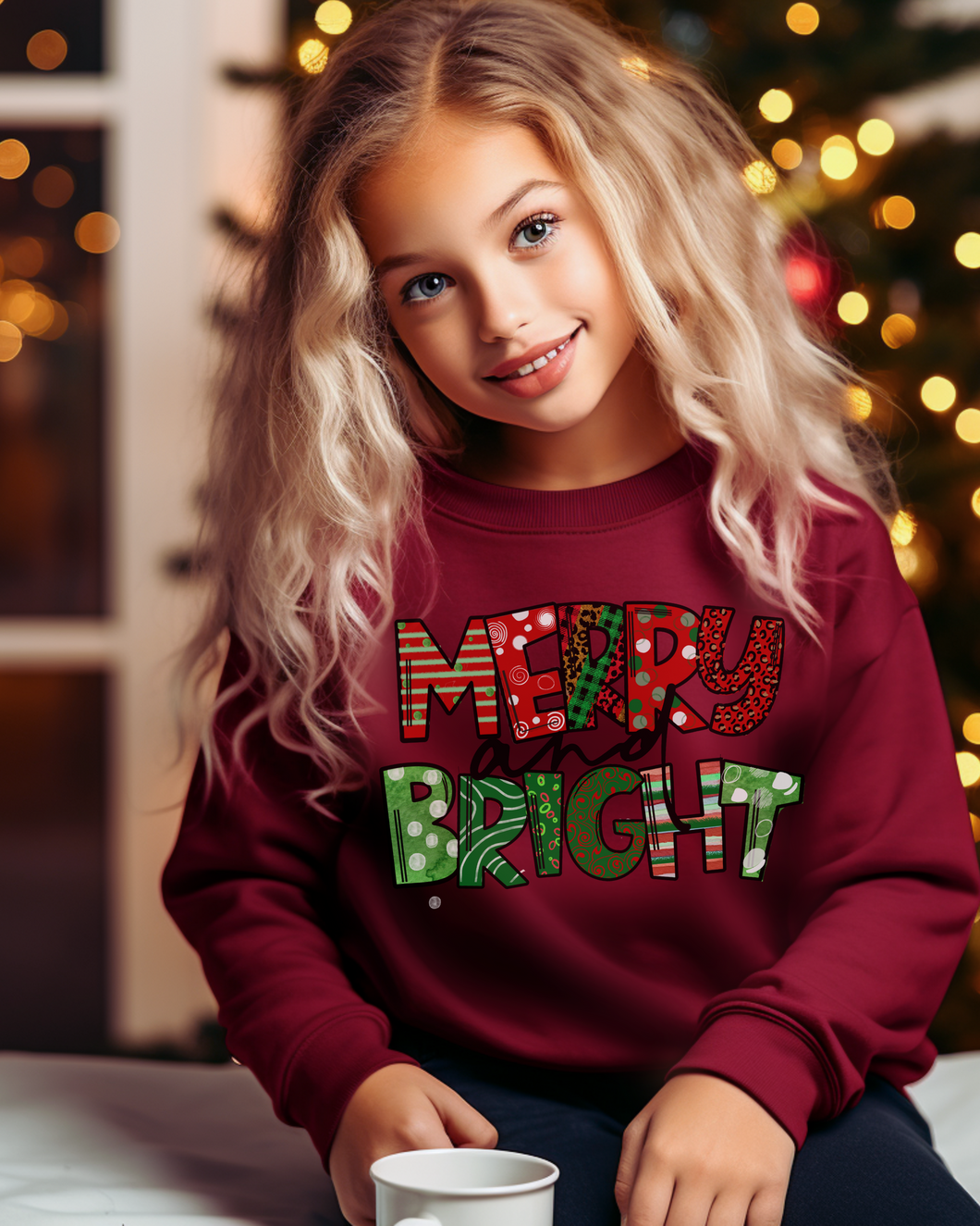 Merry and Bright Youth Crewneck Sweatshirt, Cute Kids Christmas Crewneck Pullover