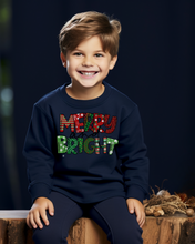 Load image into Gallery viewer, Merry and Bright Youth Crewneck Sweatshirt, Cute Kids Christmas Crewneck Pullover
