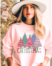 Load image into Gallery viewer, Women's Christmas Crewneck Sweatshirt Watercolor Pastel Christmas Trees Pink Ash Sand and White

