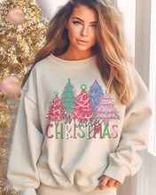 Load image into Gallery viewer, Women's Christmas Crewneck Sweatshirt Watercolor Pastel Christmas Trees Pink Ash Sand and White
