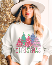 Load image into Gallery viewer, Women's Christmas Crewneck Sweatshirt Watercolor Pastel Christmas Trees Pink Ash Sand and White
