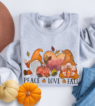 Load image into Gallery viewer, Peace Love Fall Women&#39;s Crewneck Sweatshirt, Cute Watercolor Gnomes Fall Shirt
