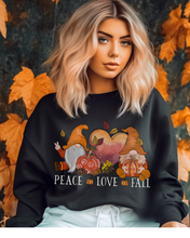 Load image into Gallery viewer, Peace Love Fall Women&#39;s Crewneck Sweatshirt, Cute Watercolor Gnomes Fall Shirt
