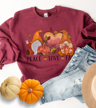 Load image into Gallery viewer, Peace Love Fall Women&#39;s Crewneck Sweatshirt, Cute Watercolor Gnomes Fall Shirt
