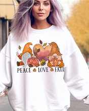 Load image into Gallery viewer, Peace Love Fall Women&#39;s Crewneck Sweatshirt, Cute Watercolor Gnomes Fall Shirt
