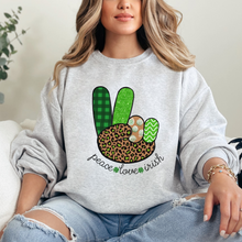 Load image into Gallery viewer, Women&#39;s Sweatshirt, St. Patrick&#39;s Day Sweatshirt, Irish Crewneck, Peace Love Irish, St Patrick&#39;s Day Shirt, Irish Peace Sign Pullover
