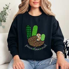 Load image into Gallery viewer, Women&#39;s Sweatshirt, St. Patrick&#39;s Day Sweatshirt, Irish Crewneck, Peace Love Irish, St Patrick&#39;s Day Shirt, Irish Peace Sign Pullover
