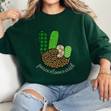 Load image into Gallery viewer, Women&#39;s Sweatshirt, St. Patrick&#39;s Day Sweatshirt, Irish Crewneck, Peace Love Irish, St Patrick&#39;s Day Shirt, Irish Peace Sign Pullover
