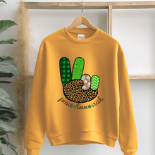 Load image into Gallery viewer, Women&#39;s Sweatshirt, St. Patrick&#39;s Day Sweatshirt, Irish Crewneck, Peace Love Irish, St Patrick&#39;s Day Shirt, Irish Peace Sign Pullover
