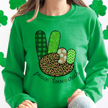 Load image into Gallery viewer, Women&#39;s Sweatshirt, St. Patrick&#39;s Day Sweatshirt, Irish Crewneck, Peace Love Irish, St Patrick&#39;s Day Shirt, Irish Peace Sign Pullover
