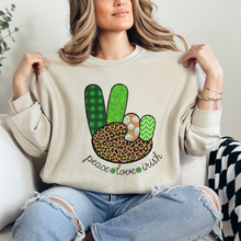 Load image into Gallery viewer, Women&#39;s Sweatshirt, St. Patrick&#39;s Day Sweatshirt, Irish Crewneck, Peace Love Irish, St Patrick&#39;s Day Shirt, Irish Peace Sign Pullover
