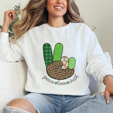 Load image into Gallery viewer, Women&#39;s Sweatshirt, St. Patrick&#39;s Day Sweatshirt, Irish Crewneck, Peace Love Irish, St Patrick&#39;s Day Shirt, Irish Peace Sign Pullover
