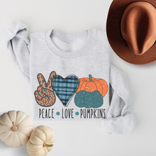 Load image into Gallery viewer, Peace Love Pumpkins Crewneck Sweatshirt Women&#39;s Fall Autumn Design Gildan Pullover
