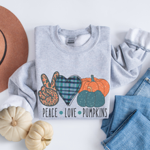 Load image into Gallery viewer, Peace Love Pumpkins Crewneck Sweatshirt Women&#39;s Fall Autumn Design Gildan Pullover
