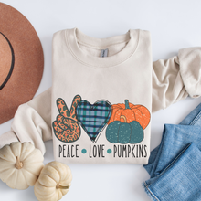 Load image into Gallery viewer, Peace Love Pumpkins Crewneck Sweatshirt Women&#39;s Fall Autumn Design Gildan Pullover
