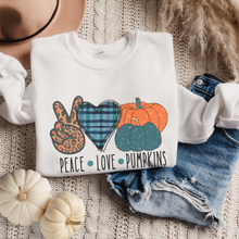 Load image into Gallery viewer, Peace Love Pumpkins Crewneck Sweatshirt Women&#39;s Fall Autumn Design Gildan Pullover
