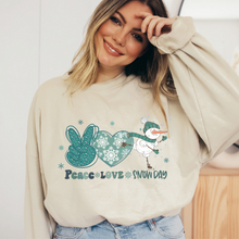 Load image into Gallery viewer, Women's Crewneck Sweatshirt, Snow Day Pullover, Comfy &amp; Cozy, Snowman Gildan Sweatshirt, Ash, White or Sand Sweatshirt, Peace Love Snow Day
