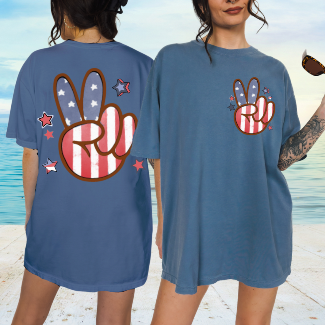 Peace Sign 4th of July Comfort Colors® T-Shirt, Retro Summer T-Shirt Dress, 1970's American Flag, Trendy T-Shirt