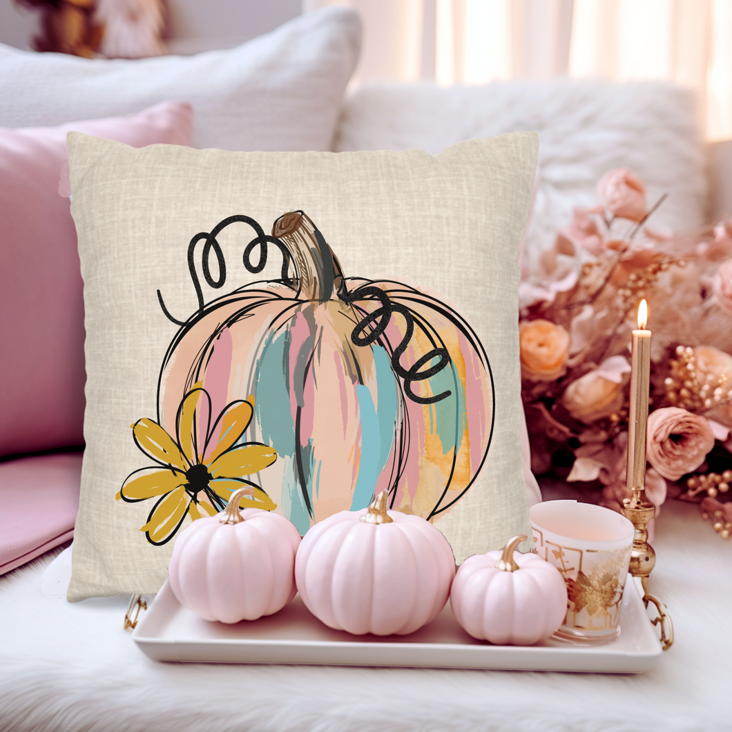 Fall Pillow Cover, Autumn Throw Pillow Cover, Rustic Farmhouse Home Decor, Rustic Decor, Watercolor Pink Pumpkin, Two Side Print, Four Sizes