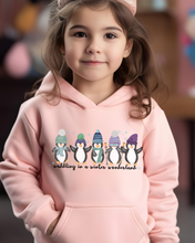 Load image into Gallery viewer, Kids or Youth Christmas Hooded Sweatshirt, Waddling In A Winter Wonderland Hoodie, Cozy, Warm Sweatshirt, Pastel Penguins on a cute hoodie
