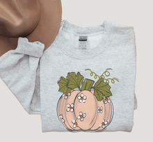 Load image into Gallery viewer, Women&#39;s Fall Hand Drawn Pumpkin Design Pink Pumpkin with Daisies Pullover Sweatshirt
