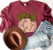 Load image into Gallery viewer, Women&#39;s Fall Hand Drawn Pumpkin Design Pink Pumpkin with Daisies Pullover Sweatshirt
