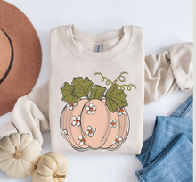 Load image into Gallery viewer, Women&#39;s Fall Hand Drawn Pumpkin Design Pink Pumpkin with Daisies Pullover Sweatshirt
