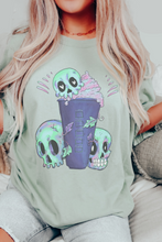 Load image into Gallery viewer, Halloween or Fall Comfort Colors® Funny Coffee Latte Skulls Design T-Shirt, Women&#39;s Purple and Green Design T-Shirt
