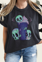 Load image into Gallery viewer, Halloween or Fall Comfort Colors® Funny Coffee Latte Skulls Design T-Shirt, Women&#39;s Purple and Green Design T-Shirt
