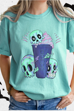 Load image into Gallery viewer, Halloween or Fall Comfort Colors® Funny Coffee Latte Skulls Design T-Shirt, Women&#39;s Purple and Green Design T-Shirt
